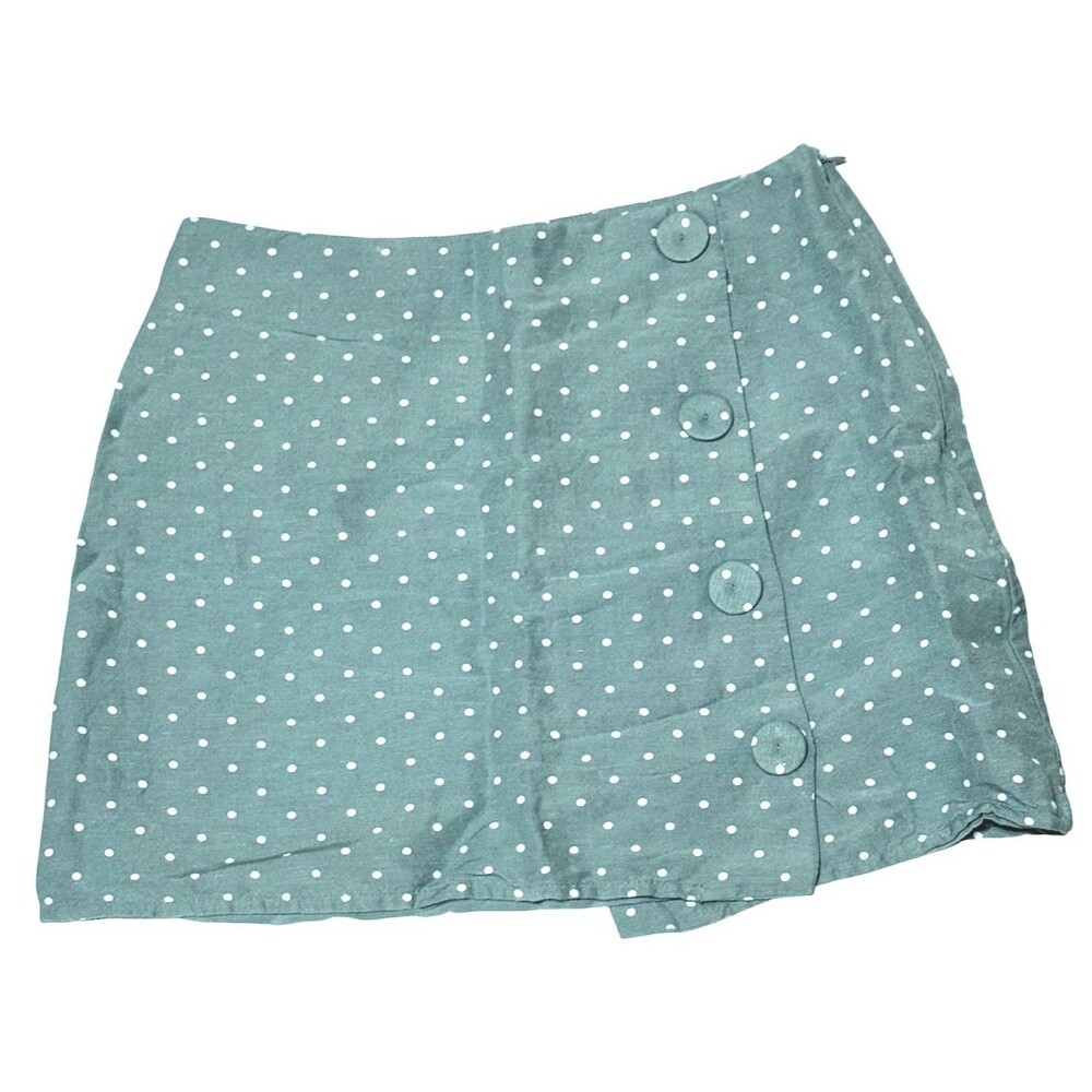 Mango MNG Casual Mini Linen Skirt Polka Dot Mint Green Side Button Faux Wrap XS